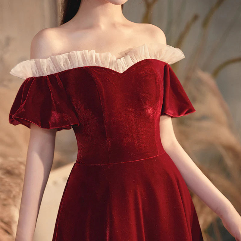 Vestidos formales Weitese para mujer, vestido de fiesta largo burdeos con hombros descubiertos, vestido de noche de terciopelo de corte A, tiendas de vestidos de fiesta